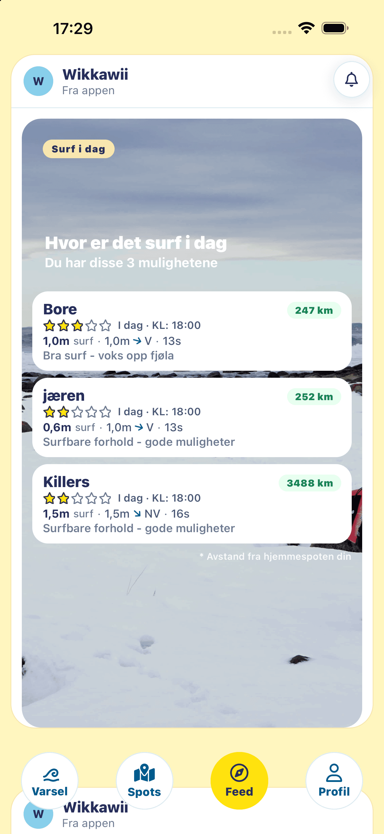 Surfefeed med dagens muligheter på Bore, Jæren og Killers, med forhold og avstand fra hjemmespotten